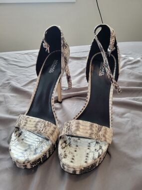MICHAEL Michael Kors Cream Snake-Print Ankle-Strap Stilettos